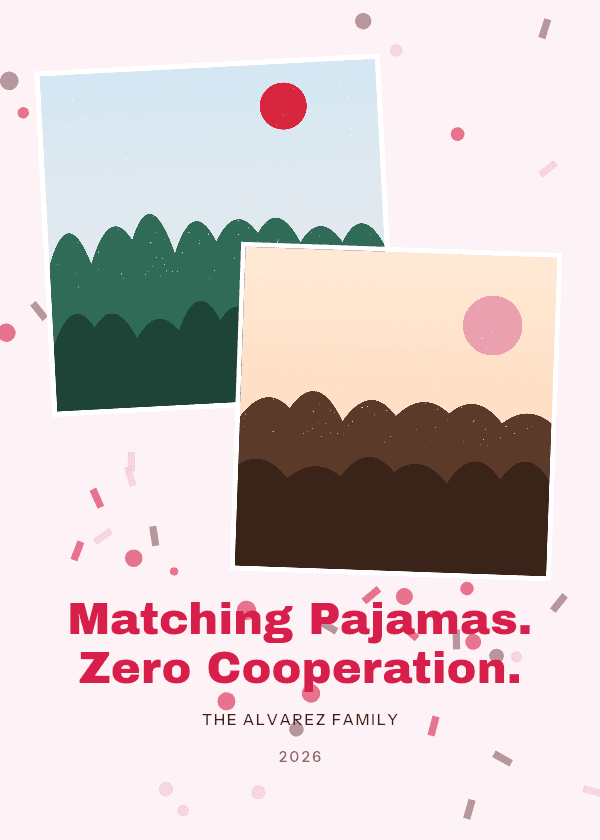 Pajama Party Christmas card, front, Pink & red palette