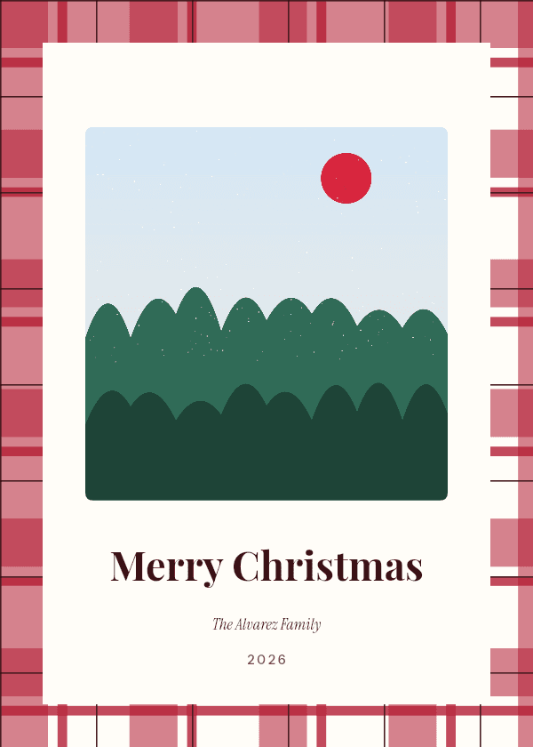 Tartan Frame Christmas card, front, Cranberry palette